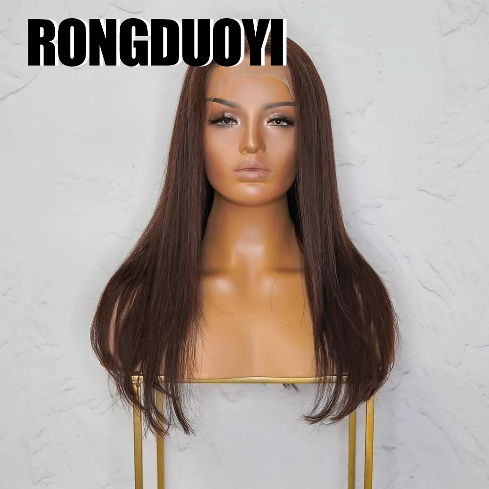 Фото RONGDUOYI Коричневый Синтетический Парик С Натуральной Волной 13×4 Кружева Средняя Часть Тепловое Волокно Парики Фронта Шнурка Ежедневный Макияж Использование Коричневые Волнистые Волосы №2