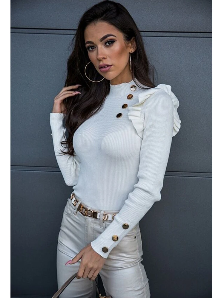 

Autumn Winter Women Slim Button Long Sleeve Soild Knit Warm T Shirt For Women Y2k Tops