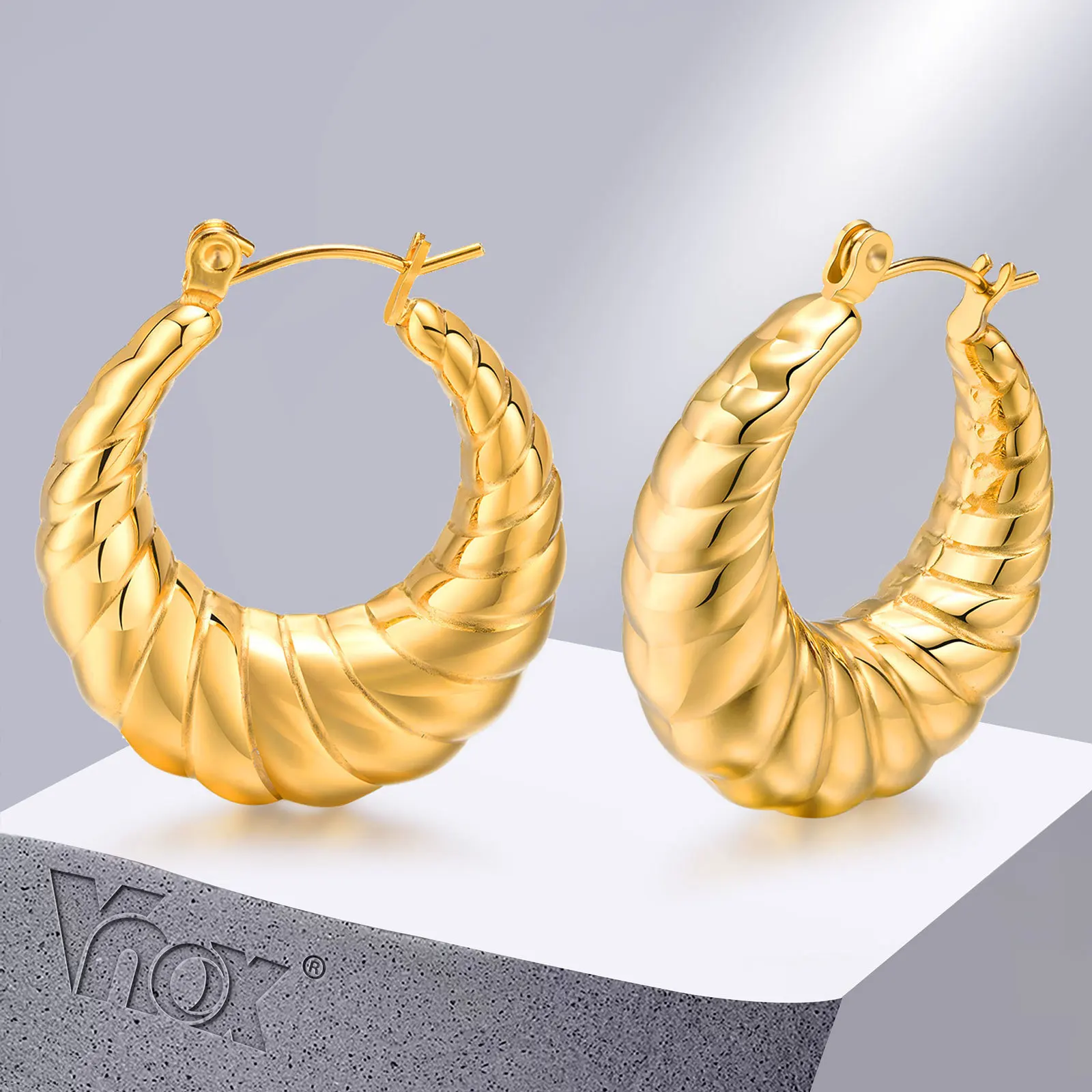 

Vnox Gold Color Bold Hoop Earrings for Women, Wheat Twisted Textured Stainless Steel Huggie,Punk Rock Cool Girl Ear Jewelry