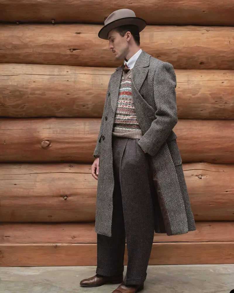 Business Men Suits Long Overcoat Herringbone Tweed Wool Blend Double Breasted  Only One Coat
