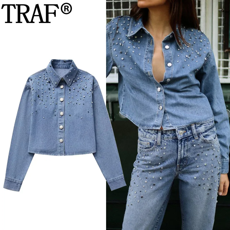 

TRAF 2024 Rhinestone Denim Shirts For Women Blue Crop Shirt Woman Fashion Autumn Long Sleeve Top Female Cropped Button Up Shirt