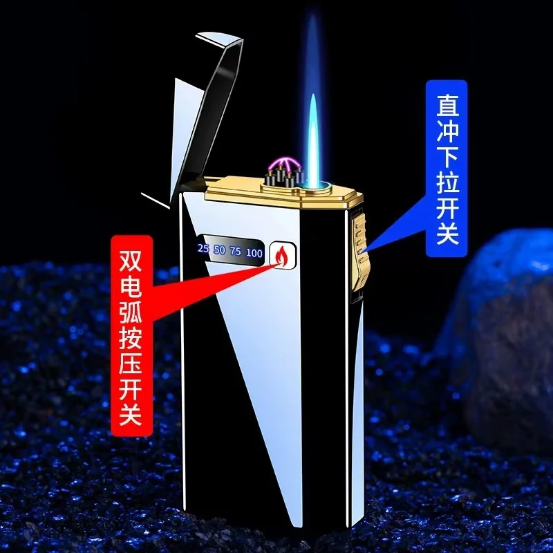 

Neue Winddicht Metall USB Leichter Taschenlampe Turbo Feuerzeug Jet Dual Arc LED Leichter Gas Aufladbare Elektrische Butan Rohr