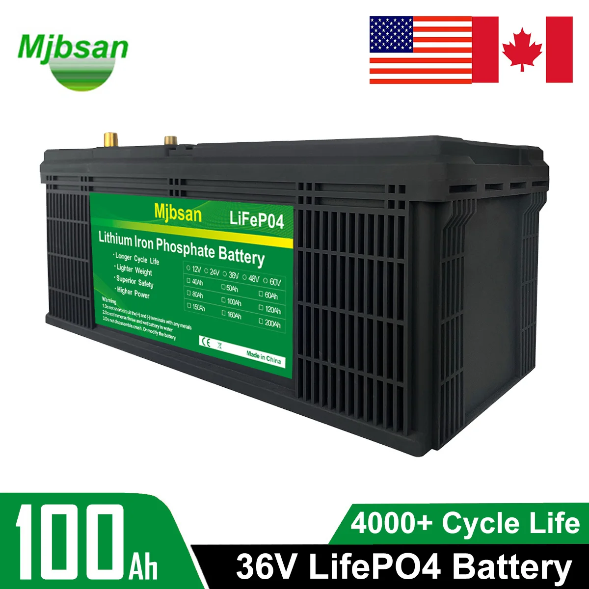 36V 100Ah LifePo4 Battery 4000+ Deep Cycles with BMS Lithium Iron for RV Campers Solar Marine Energy Reserve Power Supply