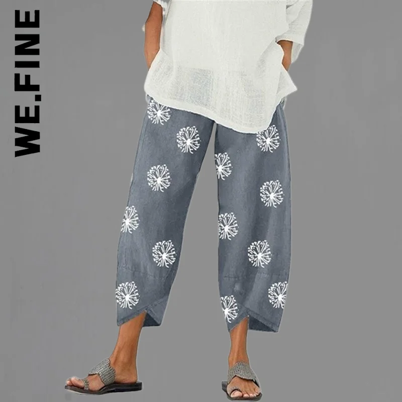 

We.Fine Women Harem Pants Cotton Linen Elastic Waist Wide Leg Trousers Vintage Casual Solid Pockets Loose Cropped Pants Female