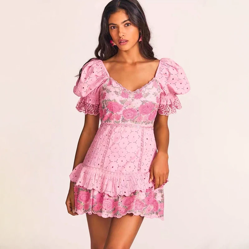 Women Heart Neck Puff Sleeve Flower Embroidery Hollow Out Multi-layer Ruffles Pink Mini Dress