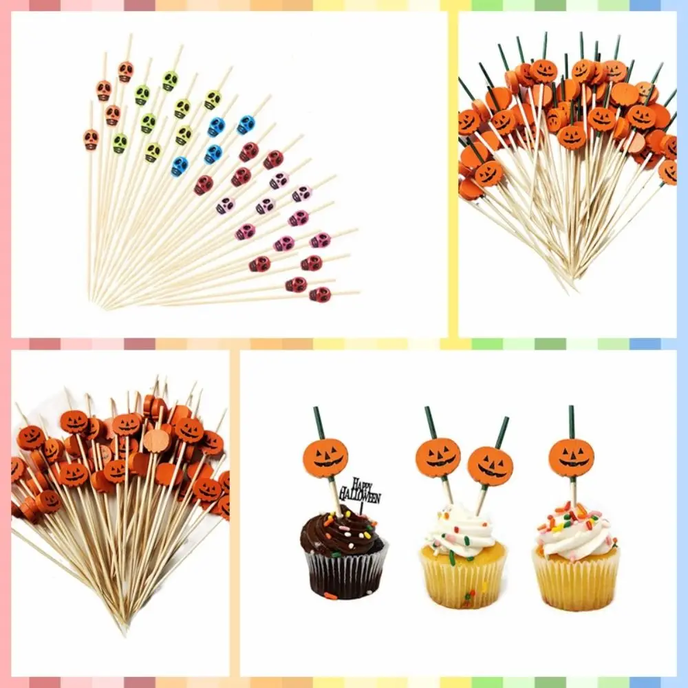 100pcs Natural Material Halloween Pumpkin Bamboo Skewers Smooth Surface Resilient Skull Bamboo Stick Disposable Toothpick