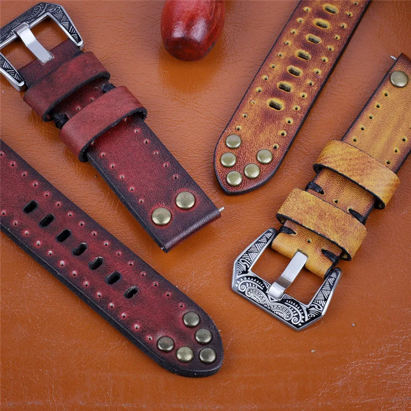 

Hand Painted Cowhide Strap Men's Vintage Watch Strap 18 20 22 24mm Rough Rivet Decorative Real Leather Band Buckle Accessories