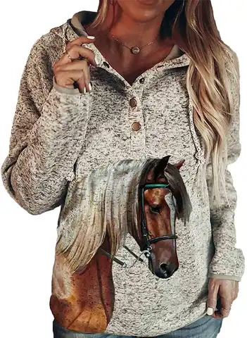 Women Hoodie Horse Printing Sweatshirts Streetwear Vintage Gothic Tracksuit Female Pocket Casual Clothes Oversized Fashion Tops
