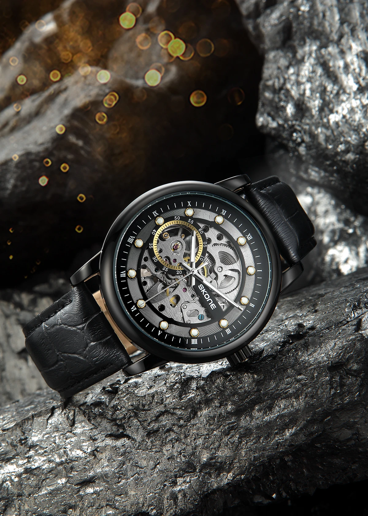 Фото SKONE Black Warrior Watch Мужские модные модные студенческие водонепроницаемые часы с ночником, полностью автоматические механические часы №3