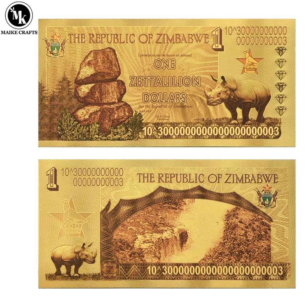 

Zimbabwe One Zettalilion Dollars Gold Foil Banknote with UV Rhino Money Collection Holiday Gift