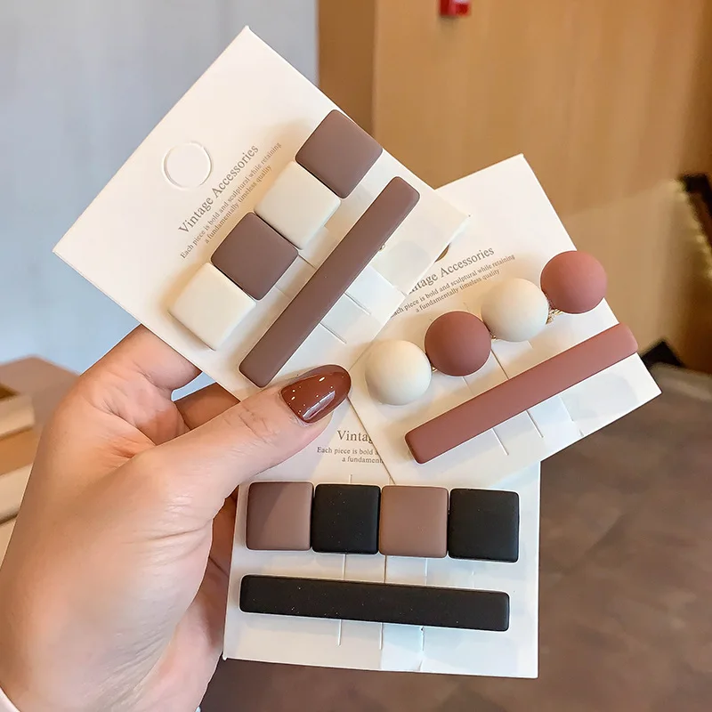 

New Style Milk Coffee Girls' Hairpin Combination Retro Style Hairpin South Korea Net Red Simple Side Clip Banger Wholesale