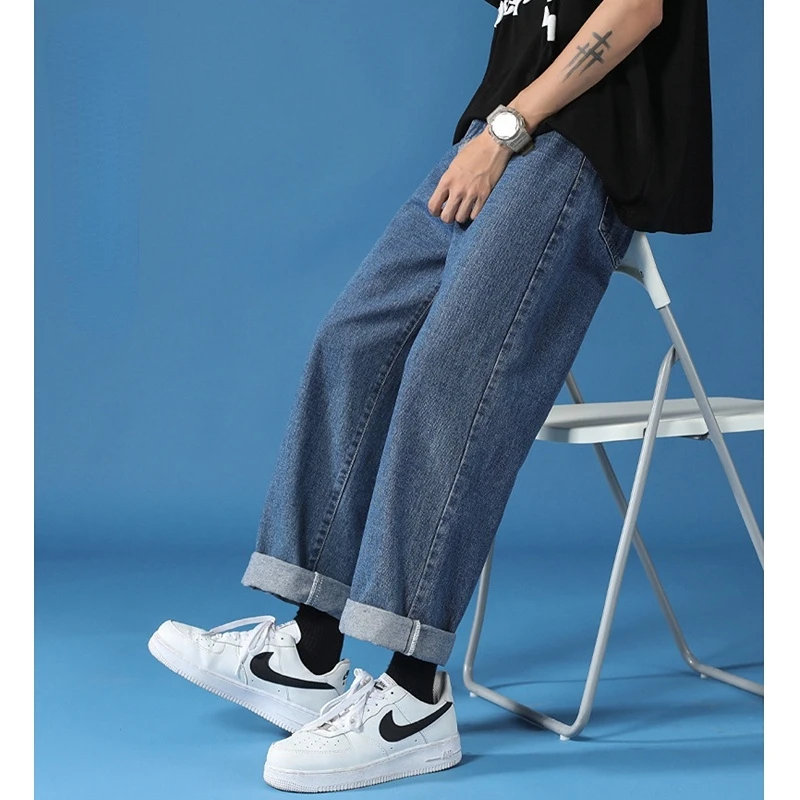 Streetwear Jeans Men's Fashion Solid Color Denim Straight-Leg Pants Trousers Summer Casual Loose Button Mid Waist Wide Leg Jeans