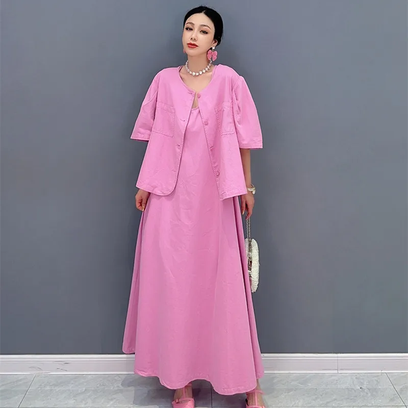 

Комплект из двух предметов с розовым платьем, Летний Тонкий наряд и платье без рукавов, Женский Повседневный костюм, подходящая одежда, Комплект женской одежды