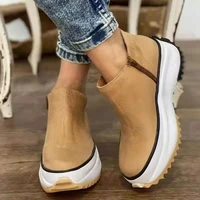 2022 women leather boots round toe side zipper white bottom ladies platform shoes solid color daily walking female ankle booties