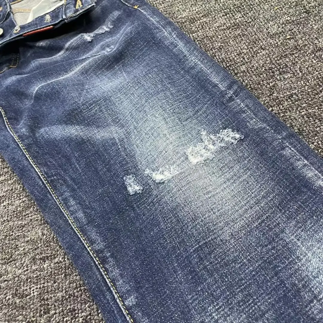 2023 Spring/Summer New D2 Jeans Trendy Men's Splice 3D Cut Hole Hot Diamond Wash Hole Patch Elastic Feet Pants