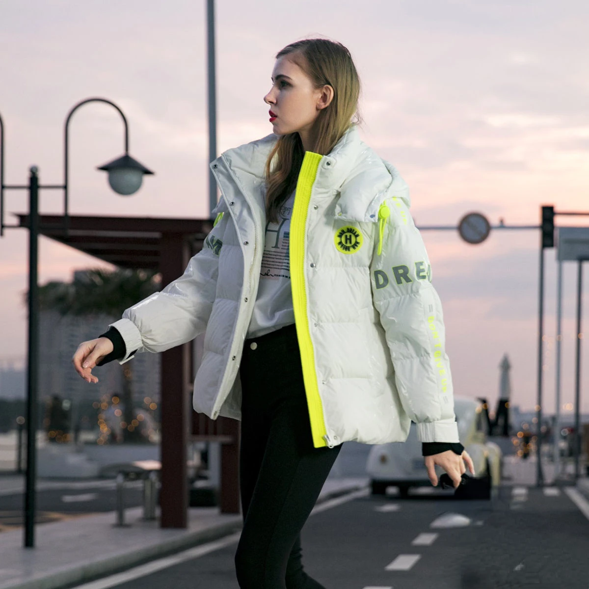 women's shiny down jacket White duck down short zipper letter hooded thicken coat 2022 new