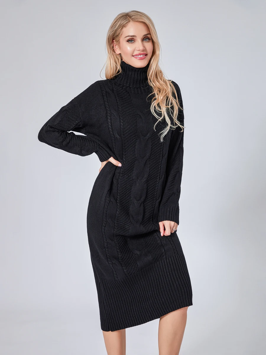 

Женское зимнее вязаное длинное платье, однотонное свободное платье-свитер с длинным рукавом и высоким воротом