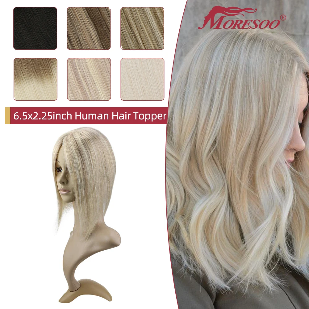 Moresoo Real Human Hair Toppers For Loss Hair Highlighted Color 18/613 8inch Machine Remy Hair Straight Toppers Clip in