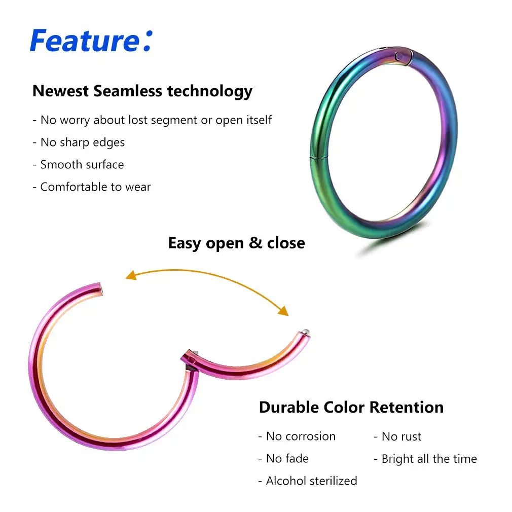 4PCS Hinged Hoop Earrings Titanium Clicker Segment Nose Ring Helix Cartilage Septum Piercing Unisex Rainbow Body Jewelry Set