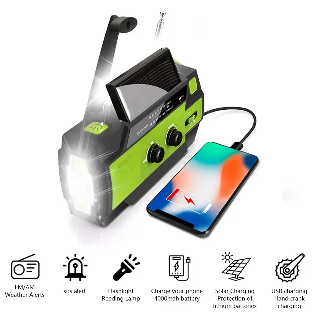 MD-090P Rechargeable Radio Hand Crank Solar Crank Dynamo Powered AM/FM/WB Weather Radio with 4000 mAh Power Bank enlarge