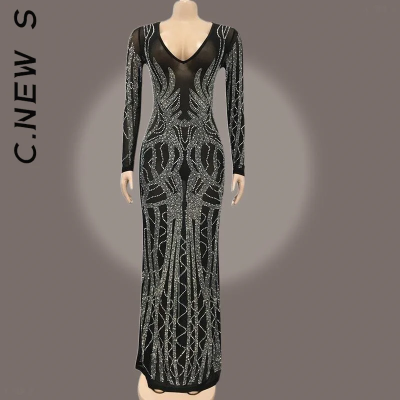C.New S Глубокий V-образный вырез сетка пэчворк Блестки Кристалл платье для женщин