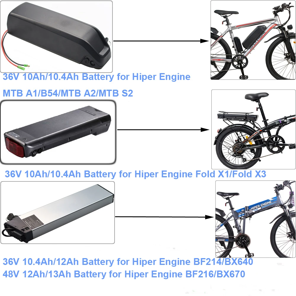 Фото Литий-ионный аккумулятор 36 В Ач 12 Ач 48 в 13 Ач для двигателя Hiper MTB A1 A2 S2 B54 Fold X1 X3 BF214 BX640 BF216 BX670 №1