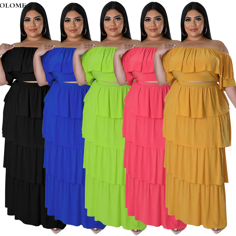 

New Arrivals Plus Size Women Clothes Summer Ruffles Slash Neck Short Sleeves Tops Layers Cake Skirt Two Pieces Set Party Beach