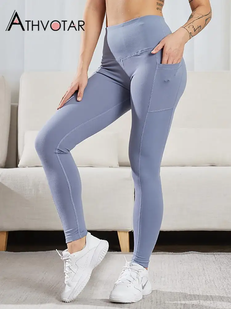 

ATHVOTAR Leggings Fitness Women Cycling with Pockets Push Up Female Pants High-Waist Solid Gym Fashion Workout Running Leggings