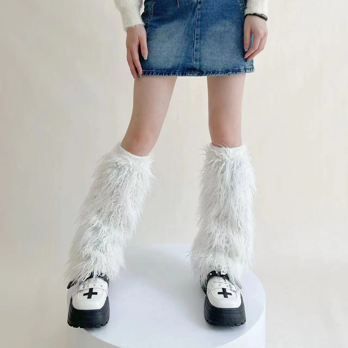 Winter Faux Fur Leg Warmers Cybergoth Warm Plush Imitation Wool Stockings Y2k Japanese bota Boots Cover Socks Harajuku Leggings