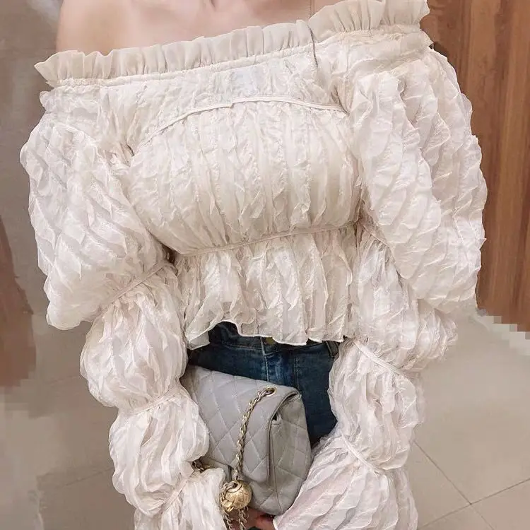 

2022 Spring New Style Korean Retro Square Collar Sweet And Versatile Pleated Lace Design Long-sleeved Shirt Female Chic Top