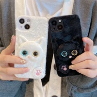 plush black and white cat gem eyes soft cats paw phone case for iphone 13 12 11 pro max x xs xr xsmax 7 8plus