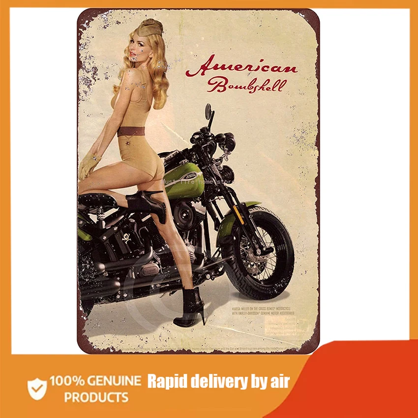 

NINGFEI Metal Signs Vintage Basement Decor Art U.S. WWII Vintage 1943 Motorcycle Pinup Girl Tin Sign 8" x 12" Retro wall decor