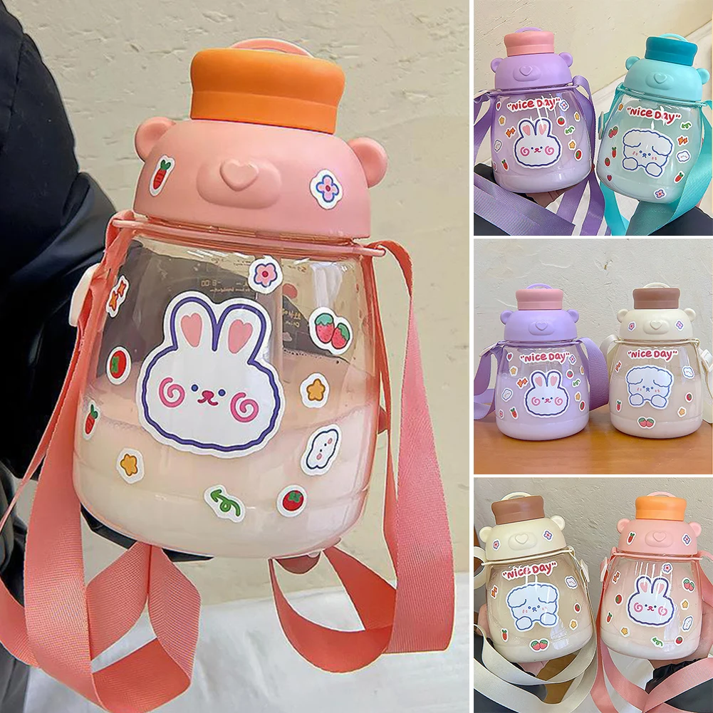 

Newly 1000ML Cartoon Water Bottle with Straw Portable Leakproof Drinking Cup for Child Durable Water Cup Large Capacity