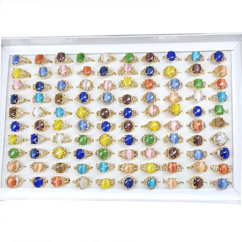 

100pcs/lot Mixed Bohemian Opal Stone Geometric Gold Color Ring for Women Men Party Fashion Jewelry Gift Wholesale