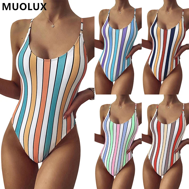 

Цельный купальник для женщин, новинка 2022, пуш-ап, с подкладкой, в полоску, на бретельках, с открытой спиной, купальник для женщин, боди, летний ...