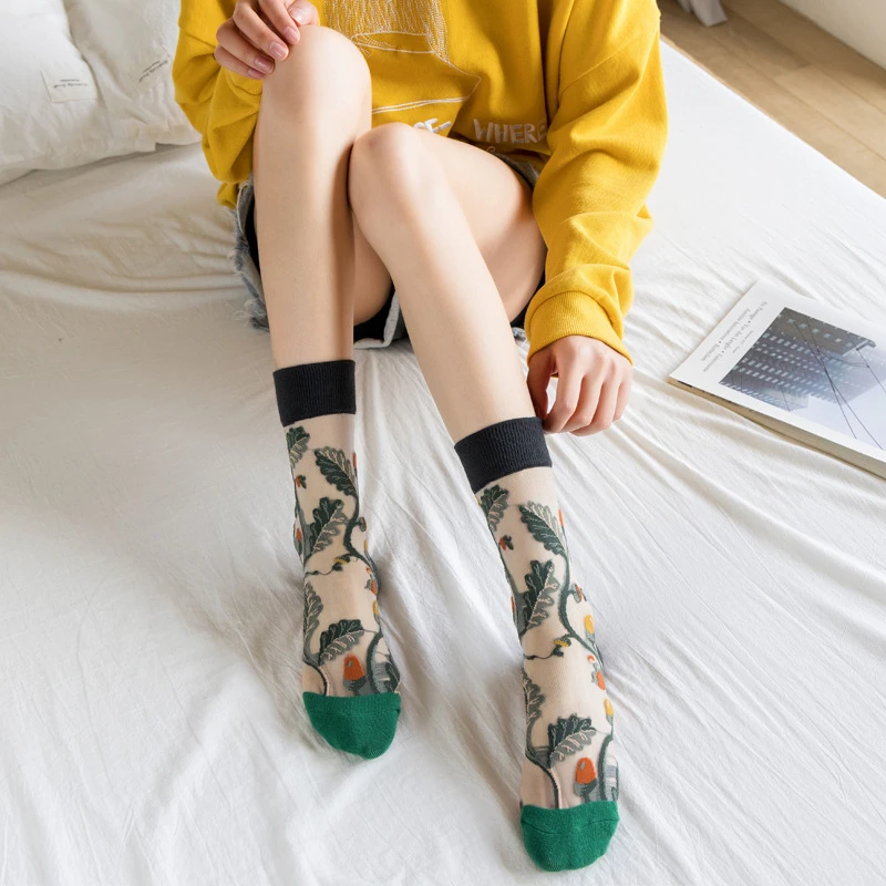 3 Pairs New Women Transparent Cute Cat Socks Set Korean Floral Animal Ladies Summer Thin Kawaii Silk Socks Set For Women