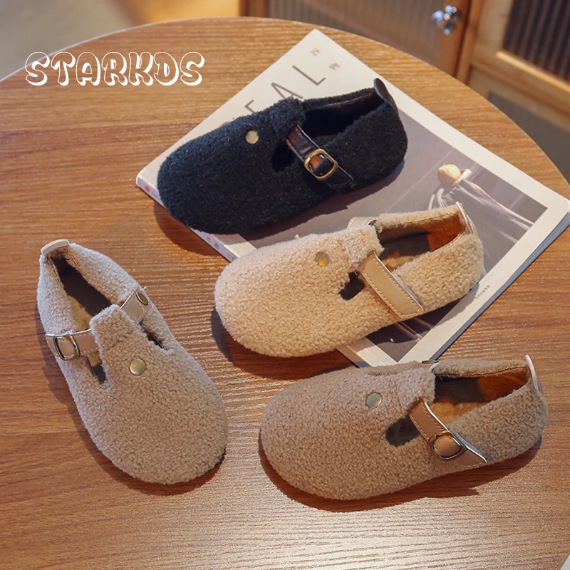 Brand Design Children Birken Shoes Retro Furry Loafers Girls Winter Plush Slip-on Ballet Flats Toddler Baby Warm Fleece Mules