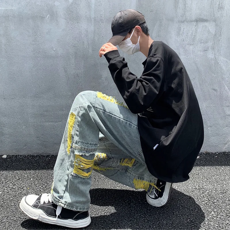 High Street Men's Jeans Contrast Color Ripped Baggy Fashion Denim Trousers Hip Hop Streetwear Plus Size Bottoms Male Y2K Clothes