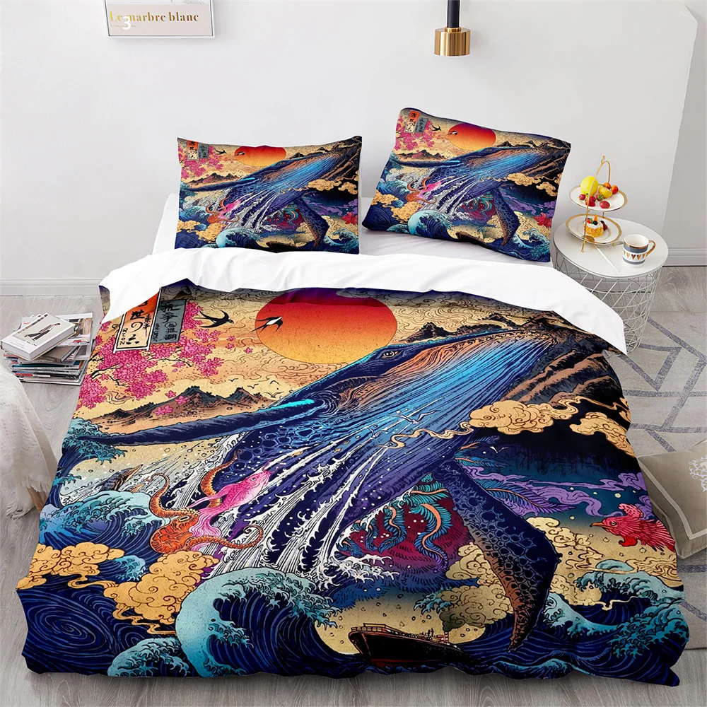 Комплект постельного белья в японском стиле Ukiyo-e тематическое одеяло морская