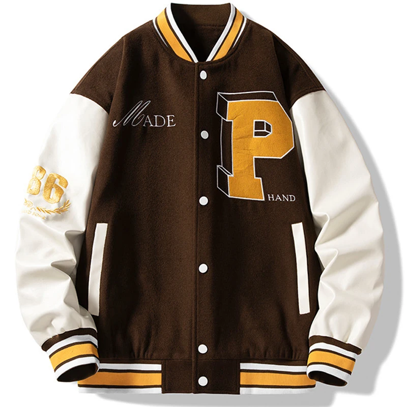 

High Street Baseball Jacket Men Embroidered PU Leather Sleeves Bomber Jackets Women Vintage Oversize Coat Streetwear Fall Spring