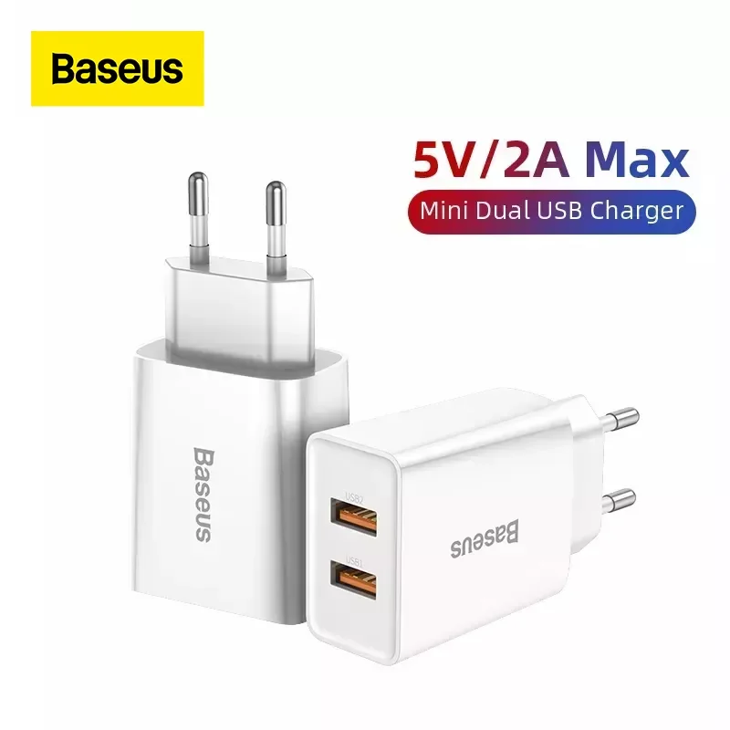 

NEW2023 Baseus Mini Dual USB Charger EU Plug Adapter Wall Fast Charger For iPhone11 Xs Quick Charge Portable Mobile Phone Travel
