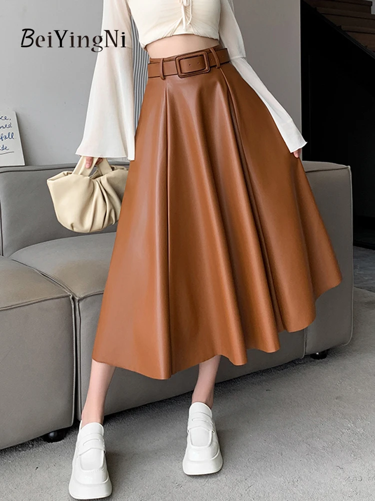 

Beiyingni Office Ladies Midi A-line Skirt Solid Color Elegant Korean Fashion High Waisted PU Leather Skirts for Women Belt Falda