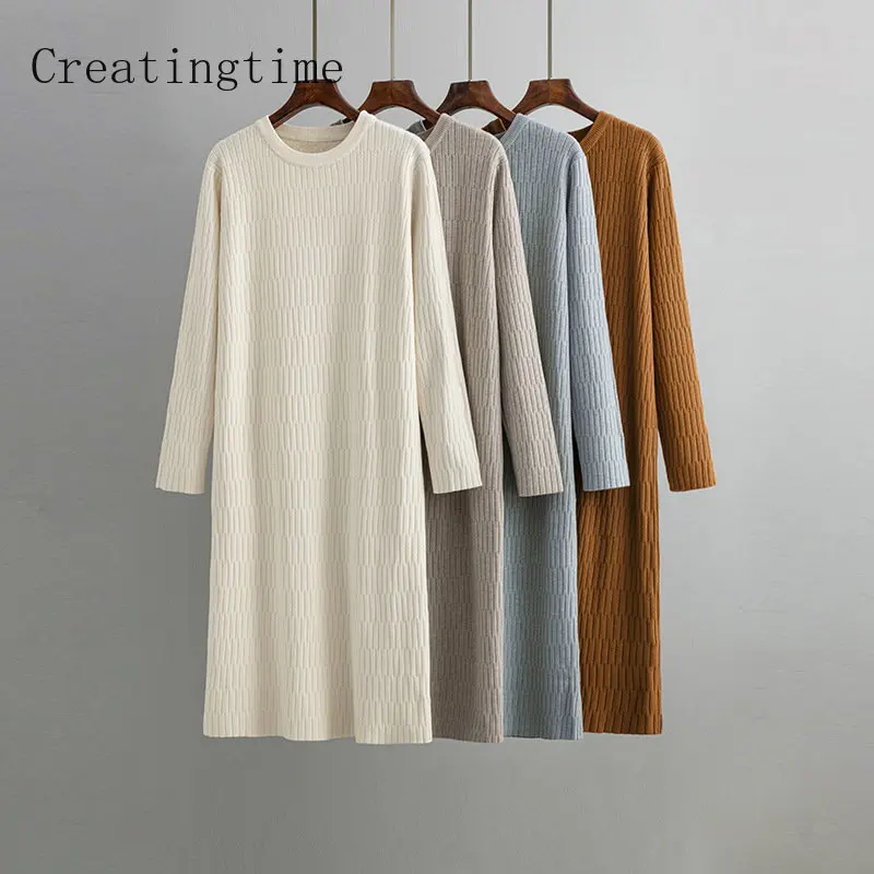 

Long Sleeve Knitted Dress Women's Autumn Winter New Round Neck Loose Mid-length Sweater Dress With Coat Bottoming Dresses 1A239