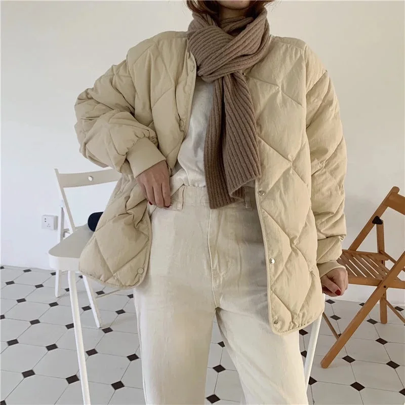 Casual Women's Clothing Winter Ladies 2022 New Fashion Down Cotton Jacket Pure Color Simple Diamond Lattice Warm Cotton Jacket