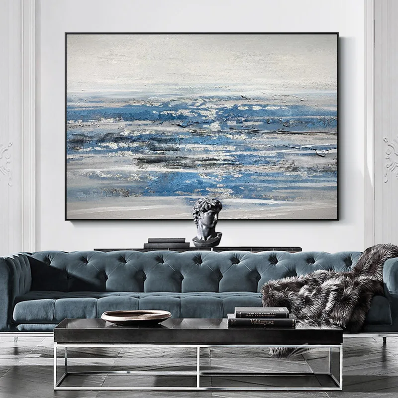 

Wabi-Sabi Blue Abstract Hand-painted Oil Painting Canvas Wall Hanging Art Bathroom Living Room Decor Cadeau Personnalisé No Fram