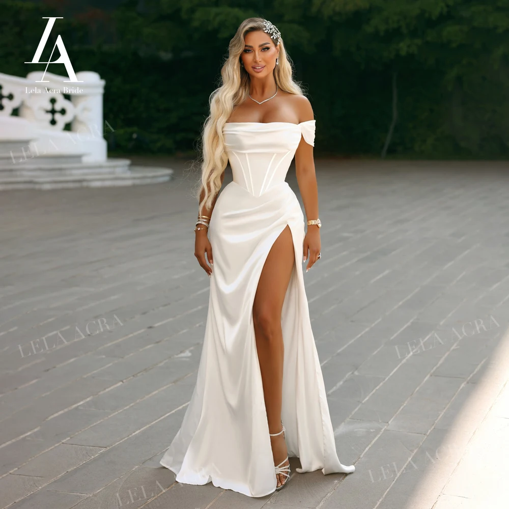 

Off the Shoulder Mermaid Wedding Dress 2023 Satin Split Glamorous Train Princess Bride LelaAcra SM120 Plus Size Vestido de Noiva