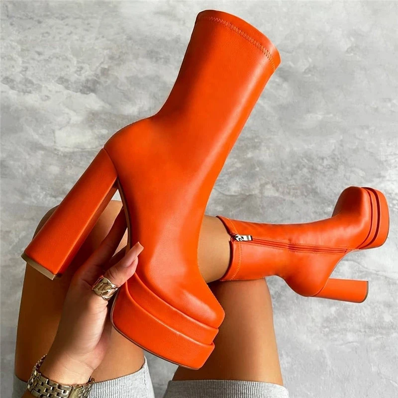 

2022 Sexy Chunky High Heels Ankle Shoes For Women Punk Style Zipper Thick Platform Elasticity Microfiber Boots Sapatos Femininos