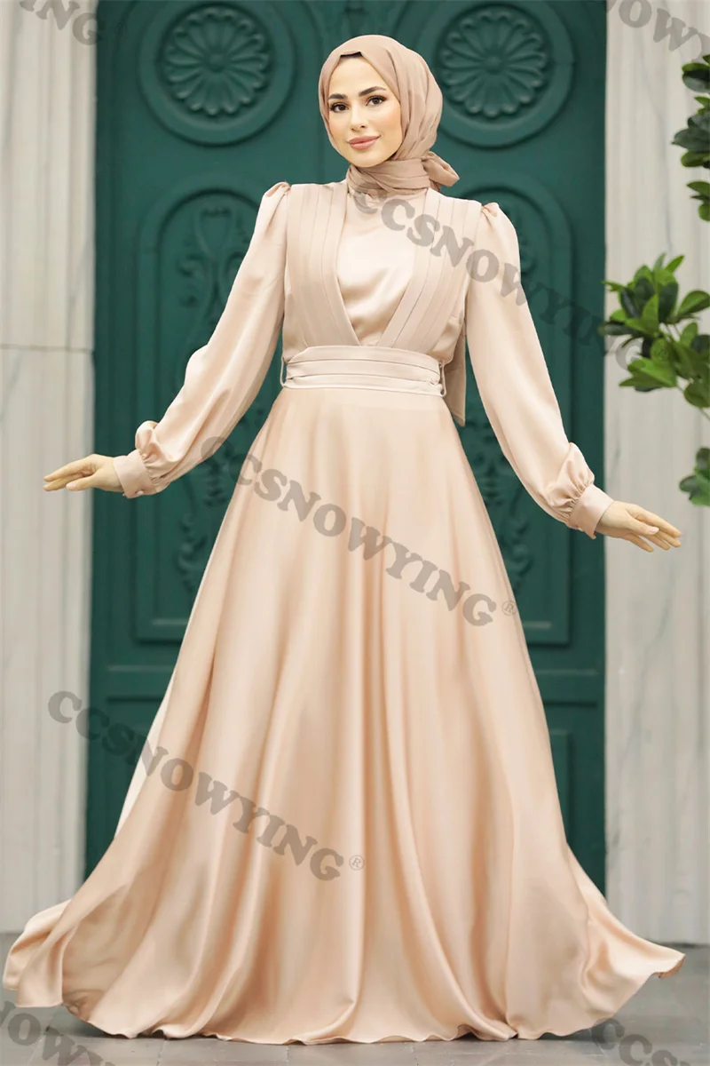 

Simple­ атласные мусульманские Вечерние платья с длинным рукавом с высоким воротником хиджаб исламский официальный вечерний халат Арабский Д...