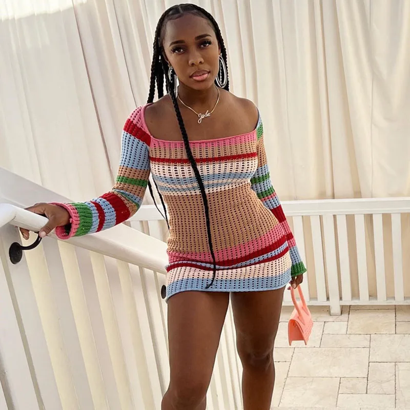 

Znaiml Sexy See Through Hollow Out Striped Knitted Long Sleeve Square Neck Bodycon Dresses Women Summer Beach Party Mini Dress