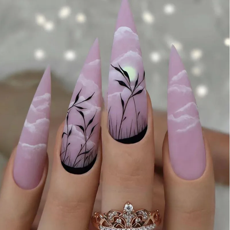 

24Pcs Long French False Nails Black Leaves Moon Cloud Design Wearable Fake Nails Full Cover Press On Nails Manicure Tips